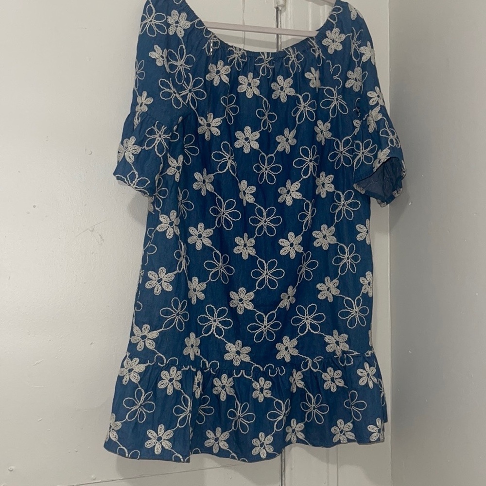 ECI New York NWOT Denim  Cotton  Floral Embroidered Tiered Mini Dress